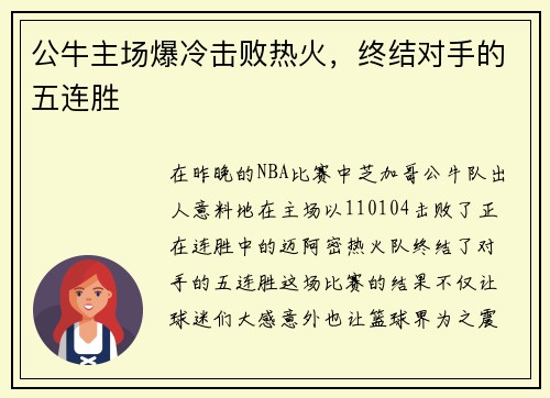 公牛主场爆冷击败热火，终结对手的五连胜
